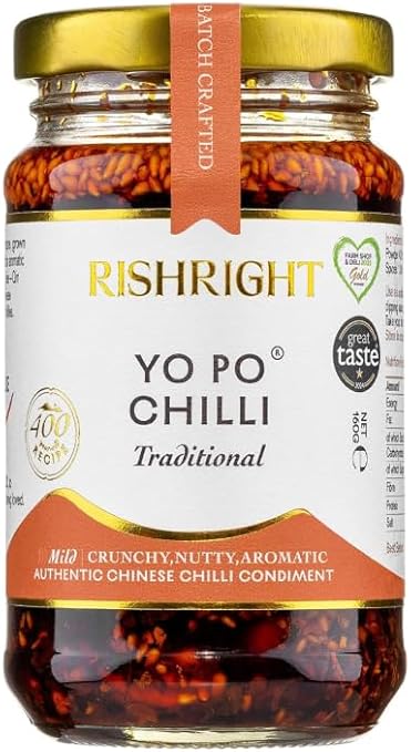 RishRight Yo Po Chilli Oil, Qin Chilli Single Origin, Crispy Chili Oil, 100% Natural & Vegan Chili Crisp, 400-Year-Old Recipe, Award Winner Chili Crisp Oil 160g