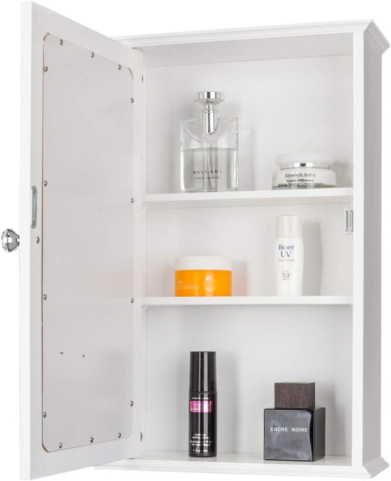 Single Door Mirror Indoor Bathroom Wall Mounted Cabinet,Wooden Medicine Cabinet White Wall Mounted Bathroom Cabinet with Single Mirror Door & Adjustable Shelves for Bathroom, Living Room, Entryway