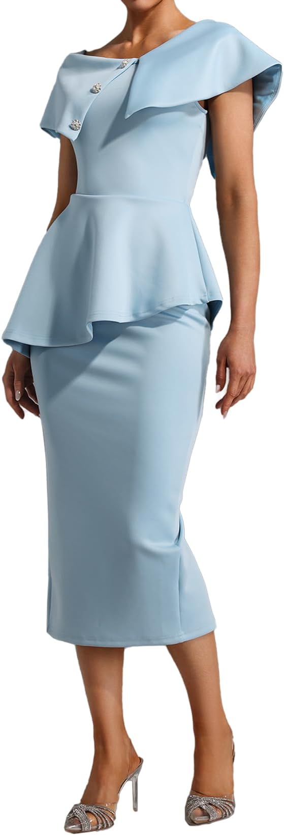 BELLA BARNETT Light Blue Classy Diamond One Shoulder Flounce Bodycon Dress Midi Ruffle Wedding Guest Dress