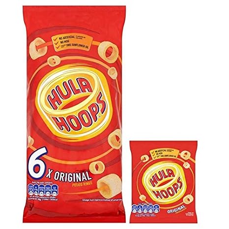 Hula Hoops Brand Snack, Potato Chips-and-Crisps, 24g x 6 per Pack, Original, Cooked with Sunflower Oil, No Artificial Flavors, Colors, or MSG, Suitable for Vegetarians