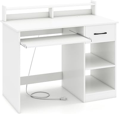 Computer Desk with Drawers, Study Table with Storage Shelves, Keyboard Tray, Power Outlet, Wood Makeup Vanity Table, Small Desk for Bedroom, Study, Living Room, Home Office White, 35H