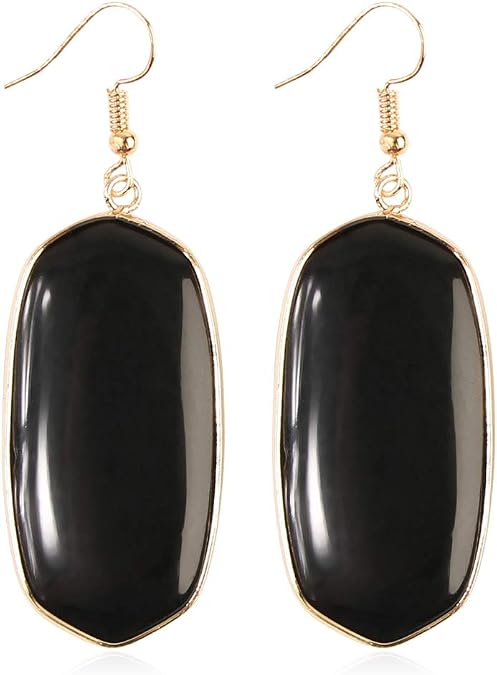Simple Geometric Natural Stone Statement Earrings - Jewel Crystal Quartz Fringe, Oval Threader Hoops, Hexagon Studs, Shield Disc Huggie Drop
