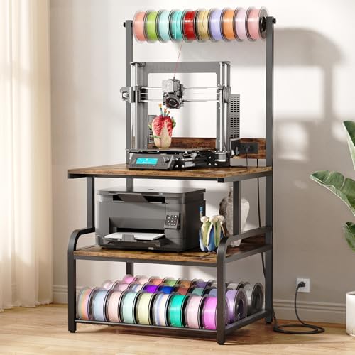 Homieasy Printer Stand with Charging Station, 29.1 x 22.8 Large 3D Printer Table with Filament Storage, Heavy Duty Rolling Printer Cart with 4-Tier Storage for WorkshopOfficeGarage, Rustic Brown