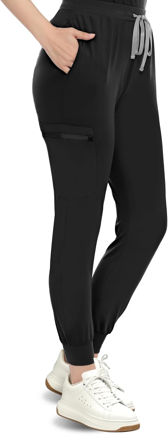 Jogger Scrub Pants for Women, 3-Pocket Yoga Scrub Bottoms | Soft Stretch Fabric, Mid-Rise Drawstring Yoga Waistband, Ribbed Cuffs, Zipper Cargo Pocket and Wrinkle-Resistant Easy Care