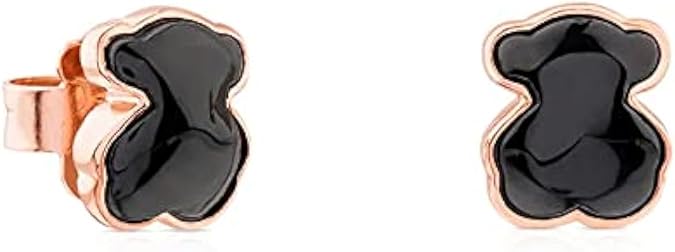 TOUS Rose Vermeil Silver Earrings for Women with Onyx & Bear Motif, Size: 0.7 cm. Motif Collection