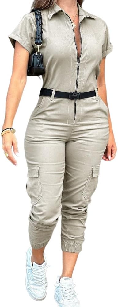 CHICME Womens Short Sleeve Cargo Jumpsuit Casual Romper with Pocket | Turn-down Collar, Zipper Front, Comfort Stretch Fabric, One Piece Jumpsuit for Work & Daily Wear