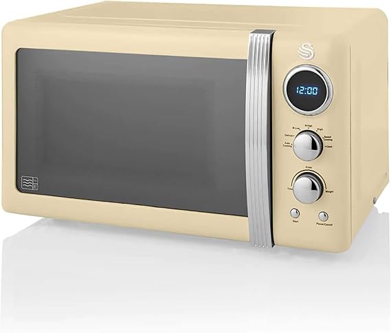 Swan Retro SM22030CNEU Digital Mikrowelle 20L 5 Leistungsstufen Auftaufunktion 60 Minuten Timer 27cm Drehteller Vintage Design Creme 800W