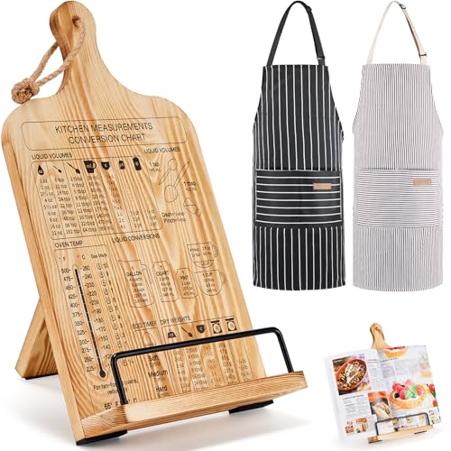 Housejoy Wooden Cookbook Stand with 2 Aprons, Hieght Adjustable Bookholder for Kitchen Counter, Cookbook Holder Stand Wood Sturdy with Measurement Conversion Chart, Foldable Easel for Kitchen