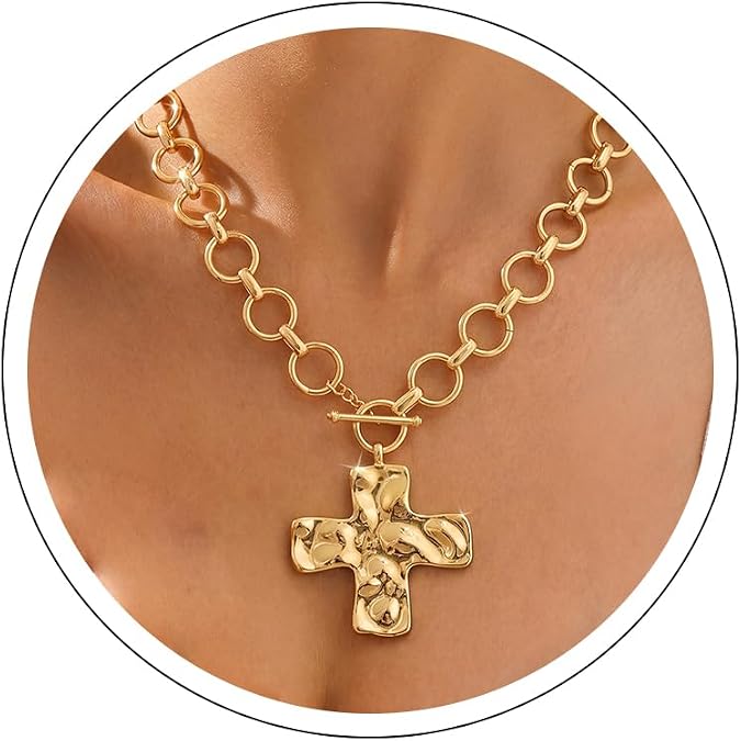 Carffordo Gold Cross Necklaces for Women, Chunky 14K Gold Plated Necklace