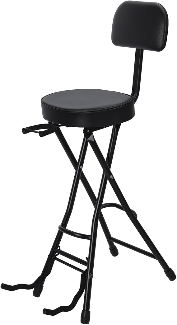 Guitar Stool with Padded Cushion, Ergonomic Backrest, Folding Chair with Guitar Stand, Adult Portable Folding Stool Black