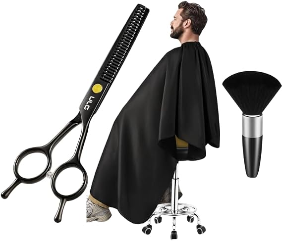 ULG Hair Cutting Thinning Scissors & Salon Barber Cape Set, Professional Japanese Stainless Steel 6.5'' Shears & Waterproof Salon Barber Cape for Men, Women, Kids, Black