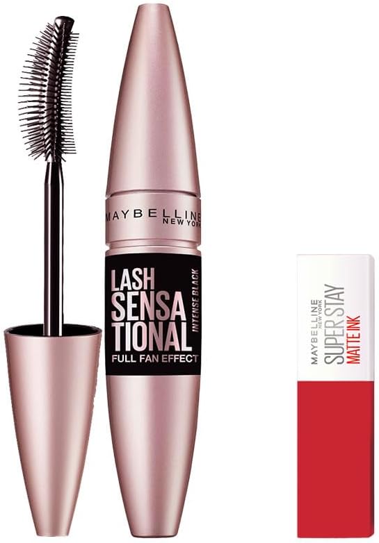 Maybelline New York Lash Sensational Fan Effective Intense Black Mascara - Extra Black 9.5 ml & Mini Super Stay Matte Ink Liquid Matte Lipstick 20 Pioneer Makeup Set