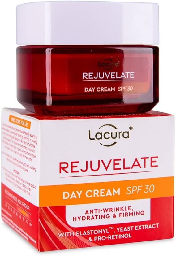 Lacura Rejuvelate Anti-Wrinkle Day Cream with SPF 30, Hydrating and Firming Formula with Elastonyl, Yeast Extract and Pro-Retinol, 50ml