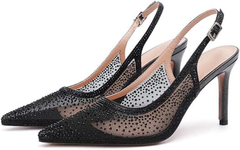 onlymaker Luxury High Heel Mesh Rhinestones Sandals Slim Stiletto Pumps Pointed-Toe Slingback Dress Shoes for Women