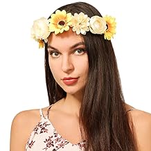 Women Rose Floral Crown Hair Wreath Leave Flower Headband with Adjustable Ribbon (3# Sunflower)