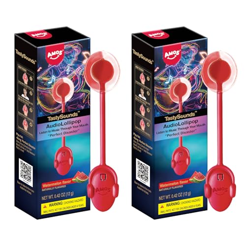 Amos TastySounds Music Lollipop Candy, Audio Singing Heart Sucker, Sugar-Free & Low-Calorie, Natural watermelon Flavor, Unique Easter Basket Stuffers for Kids & Teens 2 Pack