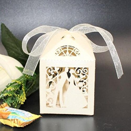 50Pcs new Laser Cut Bridegroom and bride Wedding Box in Pearl candy paper box wedding party show candy box gifts Boxwith ribbon Ivory