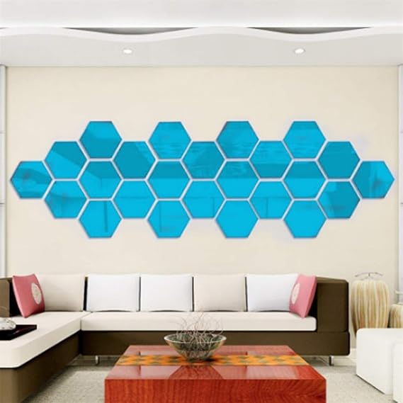 3D Hexagon Mirror Wall Stickers Decoration, 12 PCS Removable DIY Acrylic Wall Stickers Geometric Mirror Art, Self Adhesive Plastic Mirror Tiles Home Living Room Bedroom Wedding Room Office (Blue)