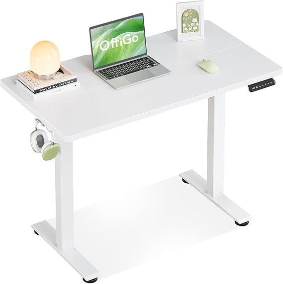OffiGo Standing Desk, Small Height Adjustable Desk with 3 Memory Heights | 90cm Electric Sit Stand Table for Home Office Workstation, Compact Rising Computer Table for Small Spaces, White