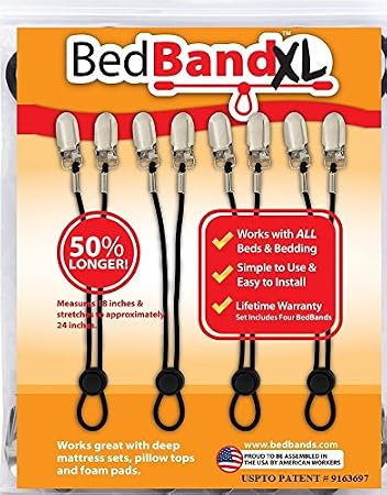 Bed Bandxl. Not Made in China. USA Worker Assembled. 50% Longer. Smooth Sheets on Any Bed. Bed Sheet Band, Holder, Gripper, Suspender, Strap. Sleep Better.