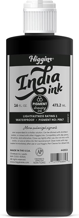 Higgins Black India Pigmented Drawing Ink, 16 Oz Bottle (44203)