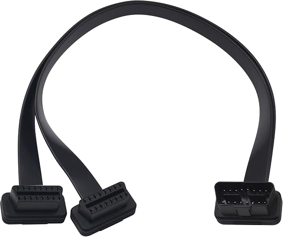 Duttek OBD Extension Cable 50cm, OBD2 Male to Double Female Extension Convert Cable Flat Ribbon Cable with Angled, 16 Pin Diagnostic Tool Extension Cable, Perfect for Diagnostic Tools & GPS Trackers