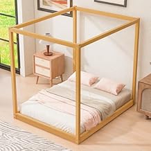 Harper & Bright Designs Canopy Platform Bed Queen Size with Support Legs, Wood Four Poster Bed Frame No Box Spring Needed, Space Saving, for Bedroom, Living Room, Natural
