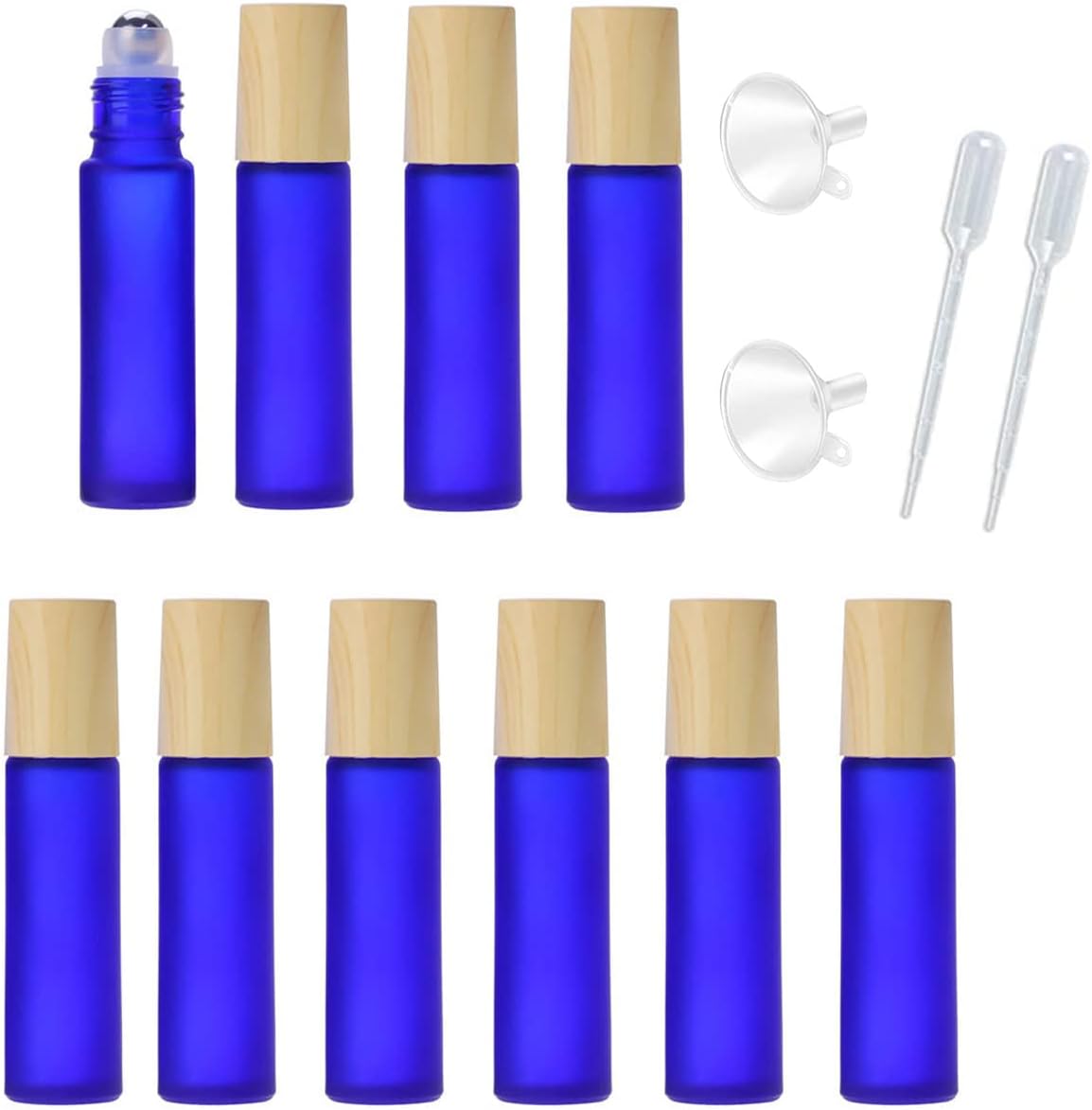 10 Pcs Frosted Glass Essential Oils Roll on Bottles,10ml Refillable Massage Roller Bottles Perfume Bottles with Stainless Steel Ball Wood Grain Cap Empty Travel Roller Essential Oils VialsBlue