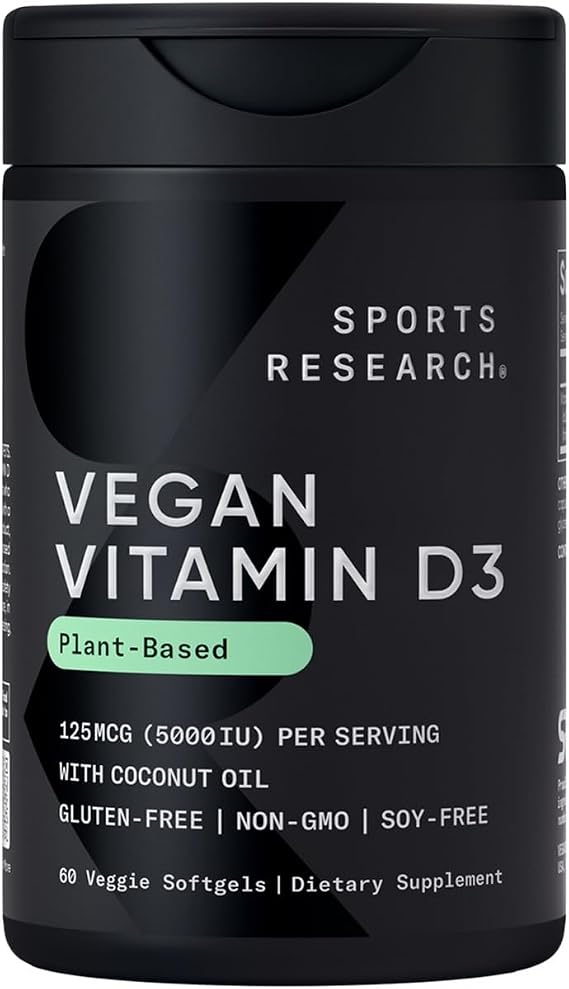 Sports Research Vegan D3 5000iu/125mcg with Coconut Oil - 60 PlantgelsTM | Plant-Based Vitamin D3 | Bone, Joint & Immune Support | Carrageenan Free, Vegan, Non-GMO - 60 Servings
