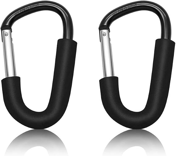 2Pack Large Buggy Clips Pram Clips for Pram - D Shape Carabiner Baby Pushchair Stroller Hook Holder Organizer for Hanging Purses, Diaper Bag, Shopping Bags,14cm(5.5") Black