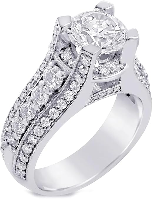 Heavy 14K Solid White Gold 2.70 Carat Round Cut Simulated Diamond Engagement Ring Bridal Wedding Halo Set in Stunning Custom Design