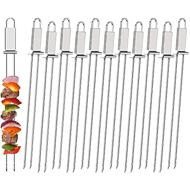Lallisa Kabob Skewers - Metal BBQ Skewer Sticks with Push Bar for Meat, Chicken, Vegetable & Fruit 12 Pieces