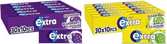Extra Chewing Gum - 2 Cases with 30 Packs of 10 Pieces (600 Total) - Blueberry and Apple