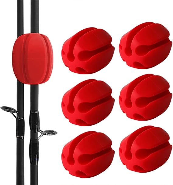 6Pcs Silicone Fishing Rod Holder Straps, 5 Holes, Red, 0.16 to 0.39 inches