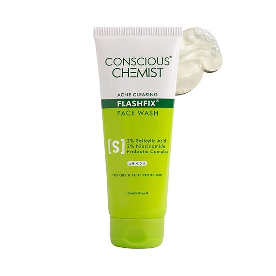 Conscious Chemist 2% Salicylic Acid Face Wash | 100ml | Face Wash for Oily & Acne Prone Skin for Men & Women, Glycolic Acid & CICA Extract, For Glowing & Radiant Skin, Vegan & Cruelty Free - Flashfix