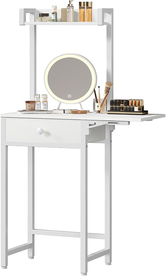 YATINEY Small Vanity Desk Without Mirror, Makeup Vanity Table for Small Space, Compact White Dressing Table with Fold-up Panel and Fabric Drawer, for Bedroom, Easy Assembly, White