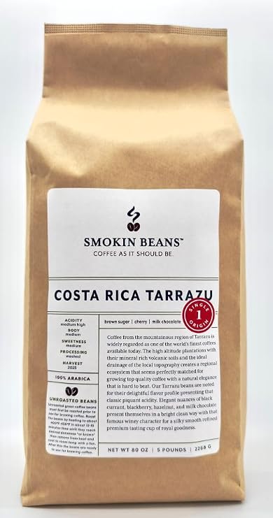Smokin Beans Costa Rica Tarrazu, Unroasted Green Arabica Coffee, 5-Lb, 1ct