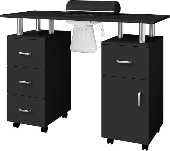 Nail Desk for Nail Tech, Manicure Table with Dust Collector & Hand Rest, Nail Essentials Station with 4 Drawers, Storage Cabinets, Lockable Wheels, Portable Black Nail Table for Salon