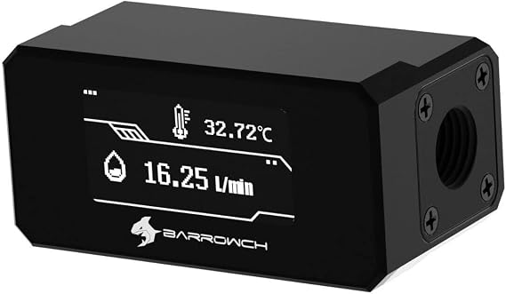 Barrowch G1/4" Water Temperature Sensor & Flow Meter with OLED Display FBFT07 for PC Water Cooling System (Black)
