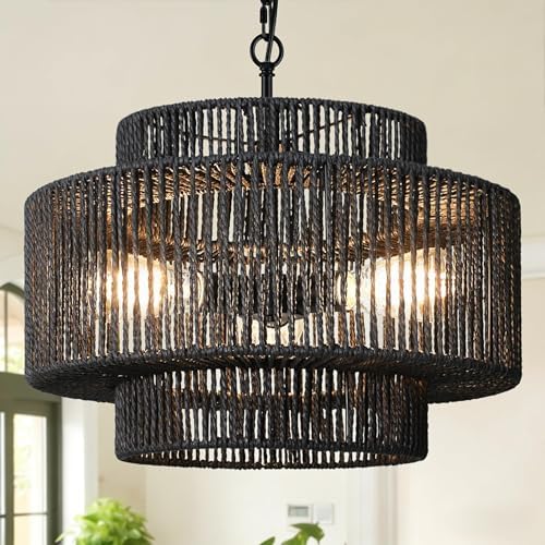 18 Rattan Pendant Lights Black Hand-Woven Rattan Chandelier 3-Light Woven Pendant Light 3-Tier Wicker Pendant Lights Rustic Light Fixtures Boho Chandelier for Dining Room Kitchen Island