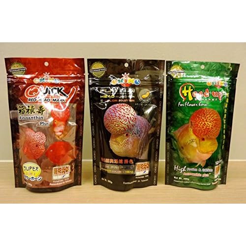 OKIKO set of 3: quick red, head up, platinum flowerhorn cichlid food - 100g X 3 by