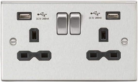 13A 2G Switched Socket Dual USB Charger (2.4A) with Black Insert - Square Edge Brushed Chrome