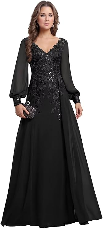 Mother of The Bride Dresses for Wedding Sequin Lace Long Sleeve Chiffon A Line Formal Evening Gowns for Women