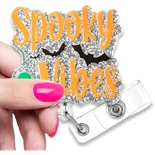 Funny Spooky Vibes Glow in the Dark Badge Reel, Retractable Nurse Office Identity Work ID, Cute Halloween Bat Badge Reel for Nurses Doctors Night Shift Workers Paramedics