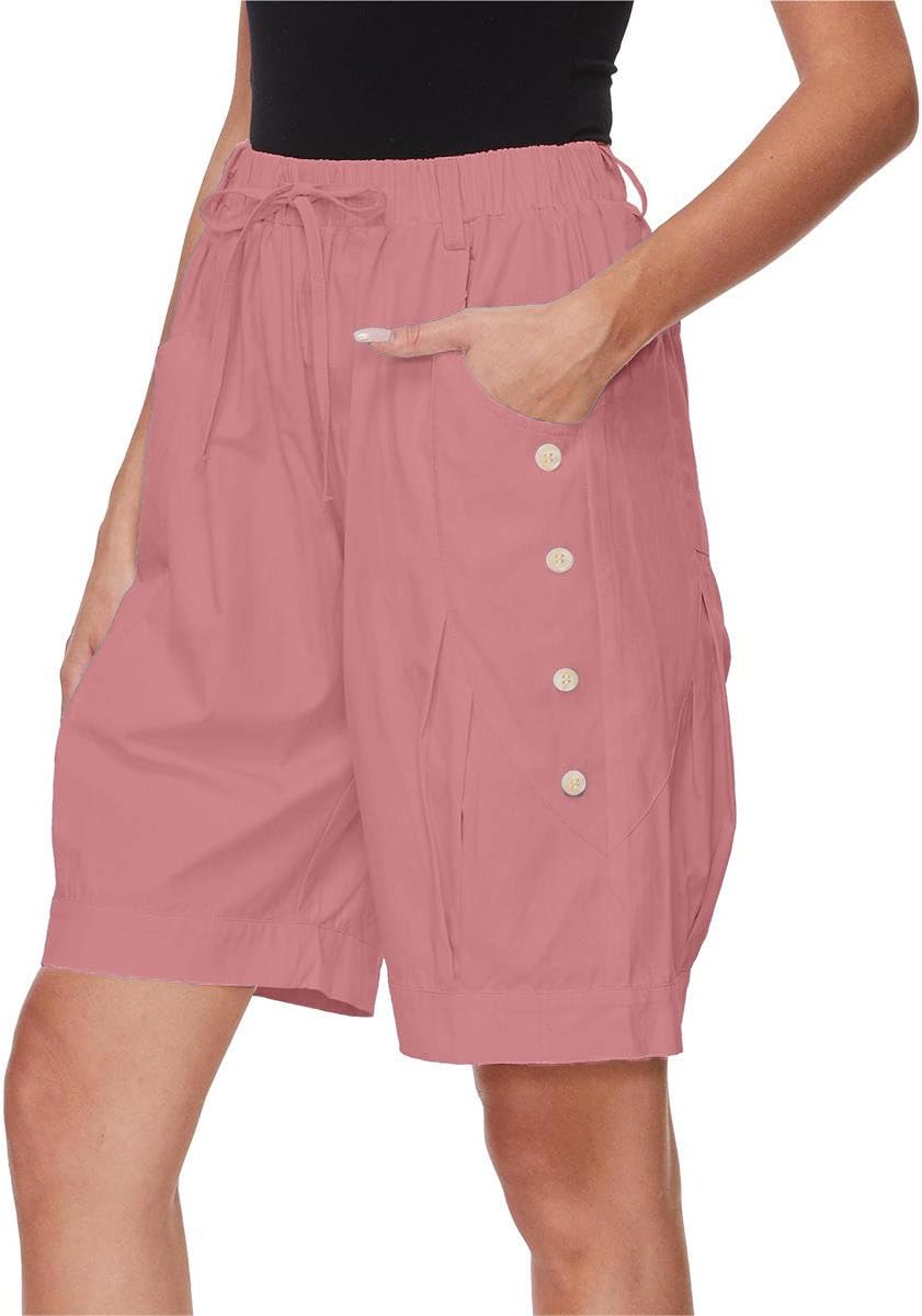 Womens High Waist Bermuda Shorts Loose Drawstring Capri Pants with Pockets Wide Leg Summer Shorts