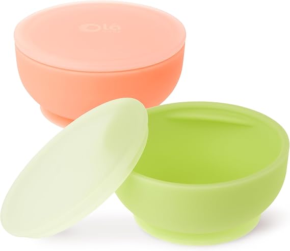 Olababy 100% Silicone Suction Bowl with Lid Bundle for Independent Feeding Baby and Toddler (Coral + Kiwi)