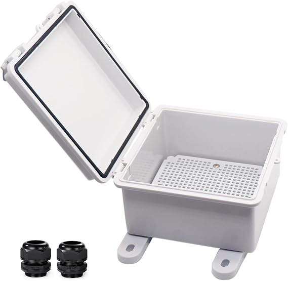 Waterproof Electrical Box Dustproof Junction Box Weatherproof IP67 ABS Plastic Enclosure Switch Router Project Box with Mounting Plate with Wall Bracket 2 Cable Glands Grey 5.9"x5.9"x3.5"