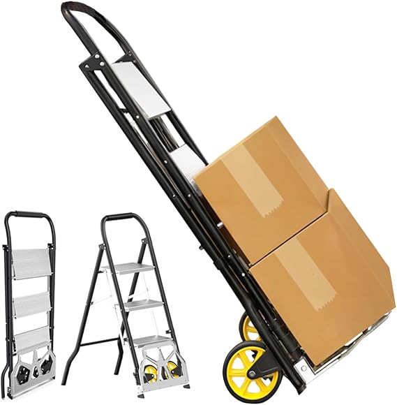 2 in 1 Folding Hand Truck & 3-Step Ladder, Portable Dolly Cart