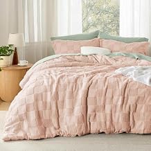 3-Piece Jacquard Checkered Farmhouse Boho Comforter Set Queen Size | Tufted Textured Soft Cozy Brushed Microfiber Gingham Block Pattern Plain Weave | Pretty Dusty Rose Pink Color Shabby Chic Bedding