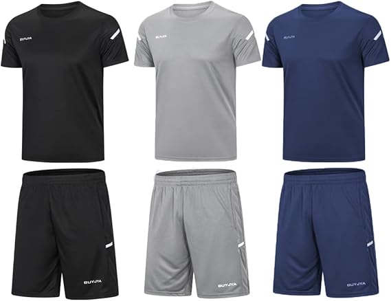 BUYJYA Men's Workout Clothes Athletic Shorts Shirt Set 3 Pack Basketball Football Training Running Gym Christmas gifts
